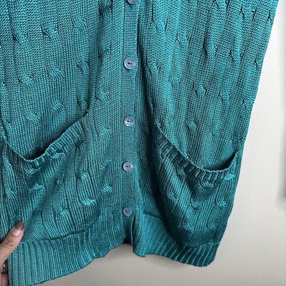 RALPH Lauren Black Label 100% silk Green Blue Cable Knit V Neck Cardigan Small - Picture 7 of 13
